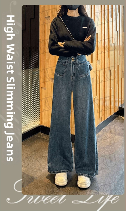 Vintage dámske džínsy s fleecovou podšívkou, široké nohavice, vysoký pás, rovný strih, denim A2588