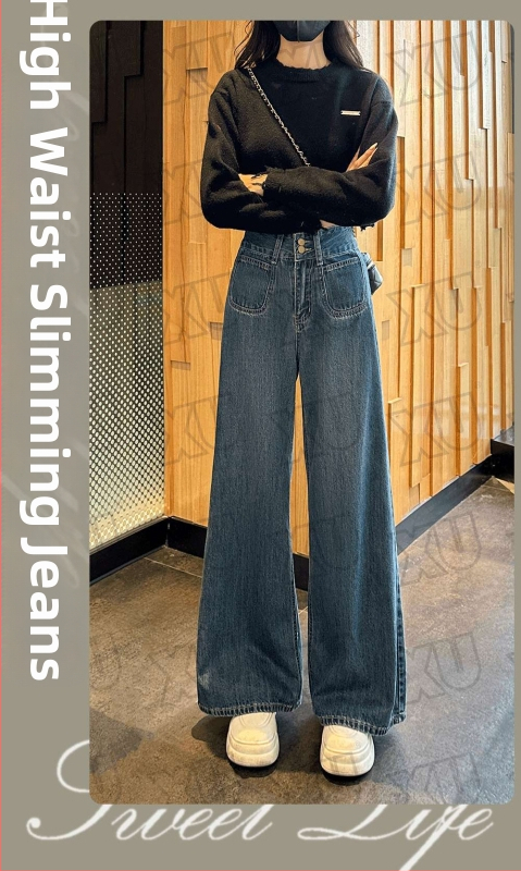 Vintage dámske džínsy s fleecovou podšívkou, široké nohavice, vysoký pás, rovný strih, denim A2588