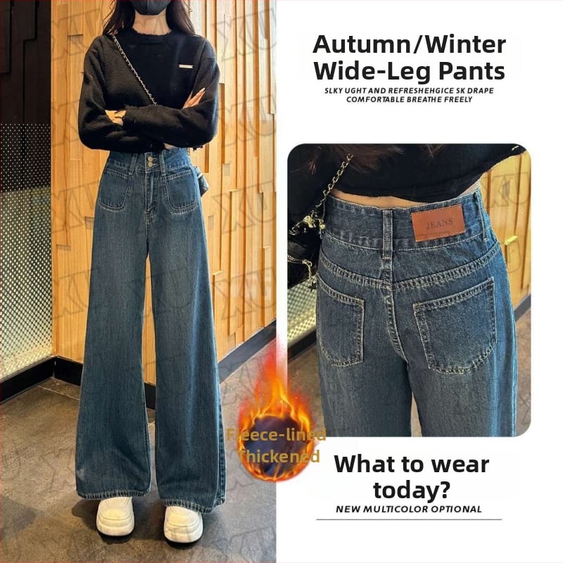 Vintage dámske džínsy s fleecovou podšívkou, široké nohavice, vysoký pás, rovný strih, denim A2588