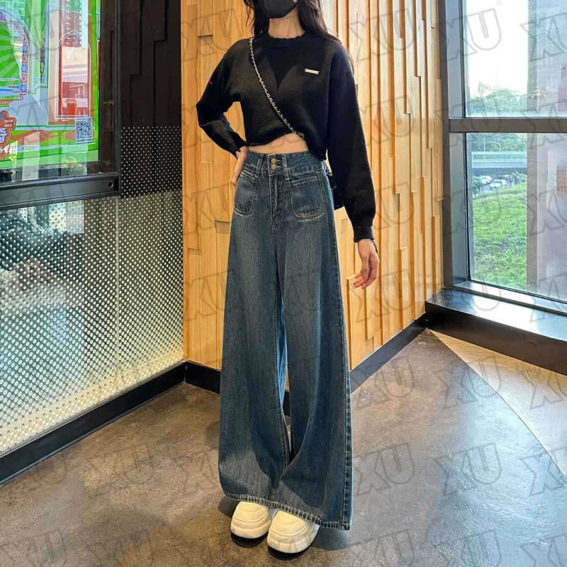 Vintage dámske džínsy s fleecovou podšívkou, široké nohavice, vysoký pás, rovný strih, denim A2588