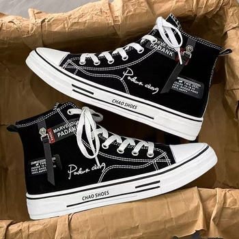 Ανδρικά μαύρα καμβά sneakers υψηλού ύψους, casual skate για χειμώνα και φθινόπωρο