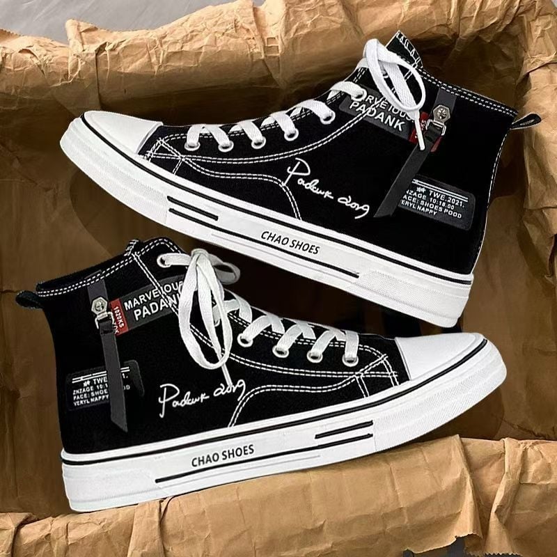 Ανδρικά μαύρα καμβά sneakers υψηλού ύψους, casual skate για χειμώνα και φθινόπωρο