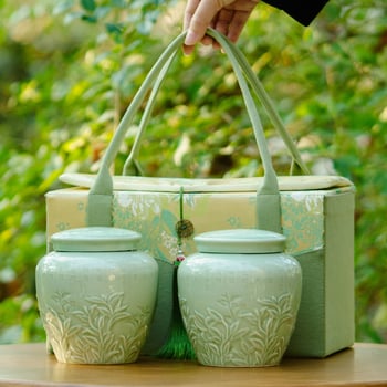 Keramički čajni spremnik s darovnom kutijom i platnenom vrećom – Longjing, Bi Luo Chun i Maojian za zelene čajeve
