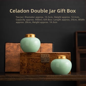 Celadon keramika čajna posuda s metalnim poklopcem, japanski stil, velika zatvorena posuda za čaj; set jedne i dviju posuda u kutiji za poklon s drvenim uzorkom