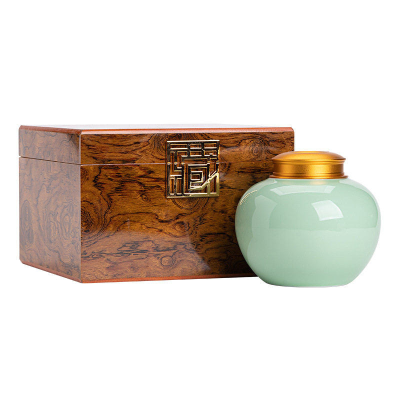 Celadon keramika čajna posuda s metalnim poklopcem, japanski stil, velika zatvorena posuda za čaj; set jedne i dviju posuda u kutiji za poklon s drvenim uzorkom