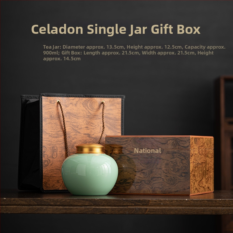 Celadon keramika čajna posuda s metalnim poklopcem, japanski stil, velika zatvorena posuda za čaj; set jedne i dviju posuda u kutiji za poklon s drvenim uzorkom