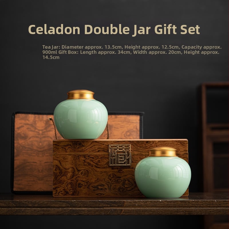 Celadon keramika čajna posuda s metalnim poklopcem, japanski stil, velika zatvorena posuda za čaj; set jedne i dviju posuda u kutiji za poklon s drvenim uzorkom