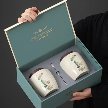 Vas ceramic pentru ceai cu cutie cadou, recipient sigilat pentru ceai, 500 g capacitate, potrivit pentru ceai negru, verde și Pu'er, cu logo pe ambalaj