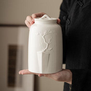 Recipient pentru ceai Dehua din porțelan alb, cu floare de prune, sigilat, rezistent la umezeală, ceramică, capacitate mare