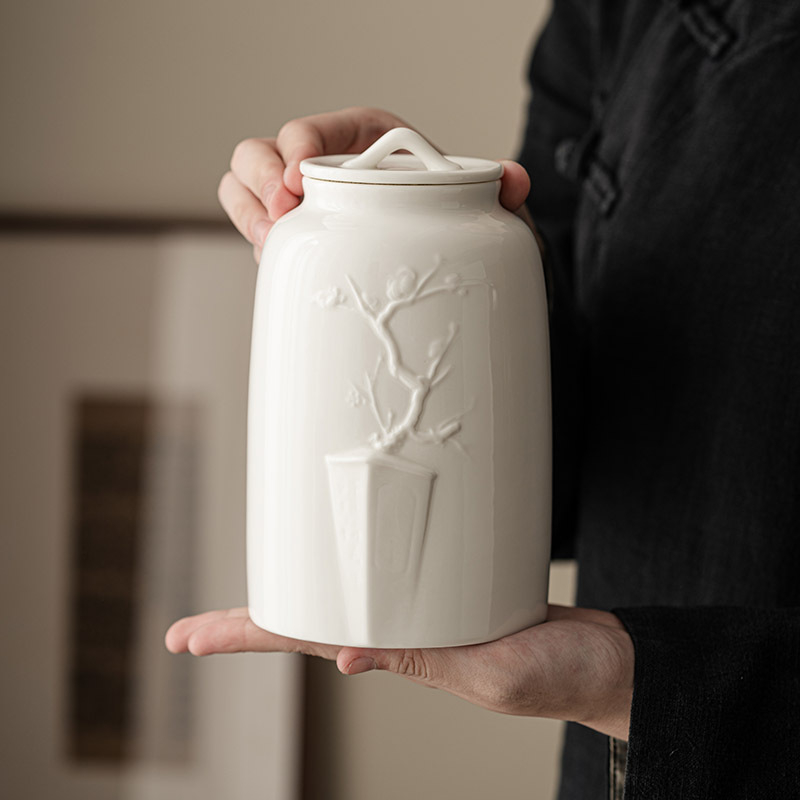 Recipient pentru ceai Dehua din porțelan alb, cu floare de prune, sigilat, rezistent la umezeală, ceramică, capacitate mare