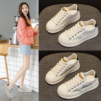 Γυναικείες λευκές δερμάτινες sneakers με φαρδιά σόλα, shell toe, χαμηλό ύψος
