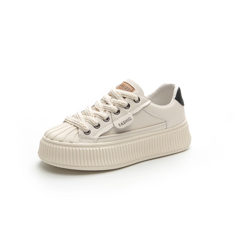 Γυναικείες λευκές δερμάτινες sneakers με φαρδιά σόλα, shell toe, χαμηλό ύψος