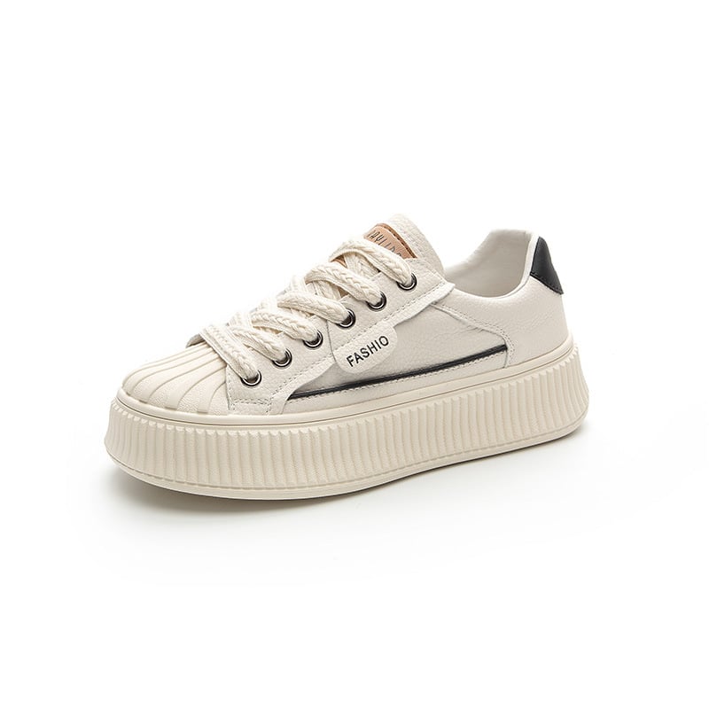 Γυναικείες λευκές δερμάτινες sneakers με φαρδιά σόλα, shell toe, χαμηλό ύψος