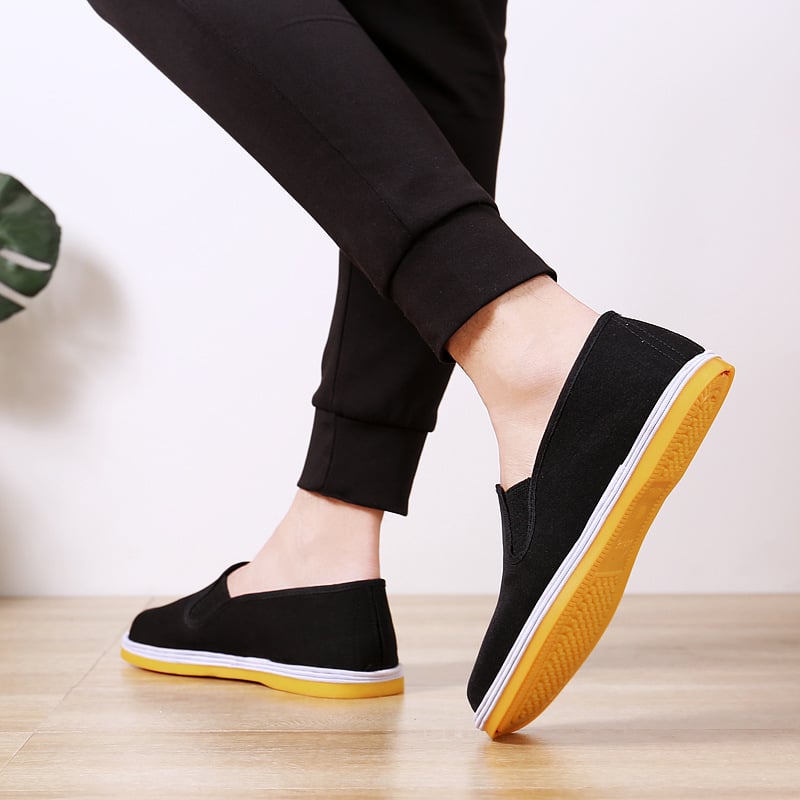 Old Beijing pánske plátenné tenisky na jeseň a zimu – slip-on, gumová podrážka, čierne, s bavlnenou podšívkou, odolné voči prepichnutiu, protišmykové