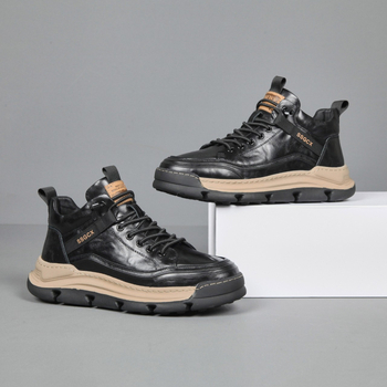 Ανδρικά δερμάτινα sneakers για τον χειμώνα του 2024, με επένδυση φλίς, ψηλό πάνω μέρος, casual στυλ, φαρδιά σόλα