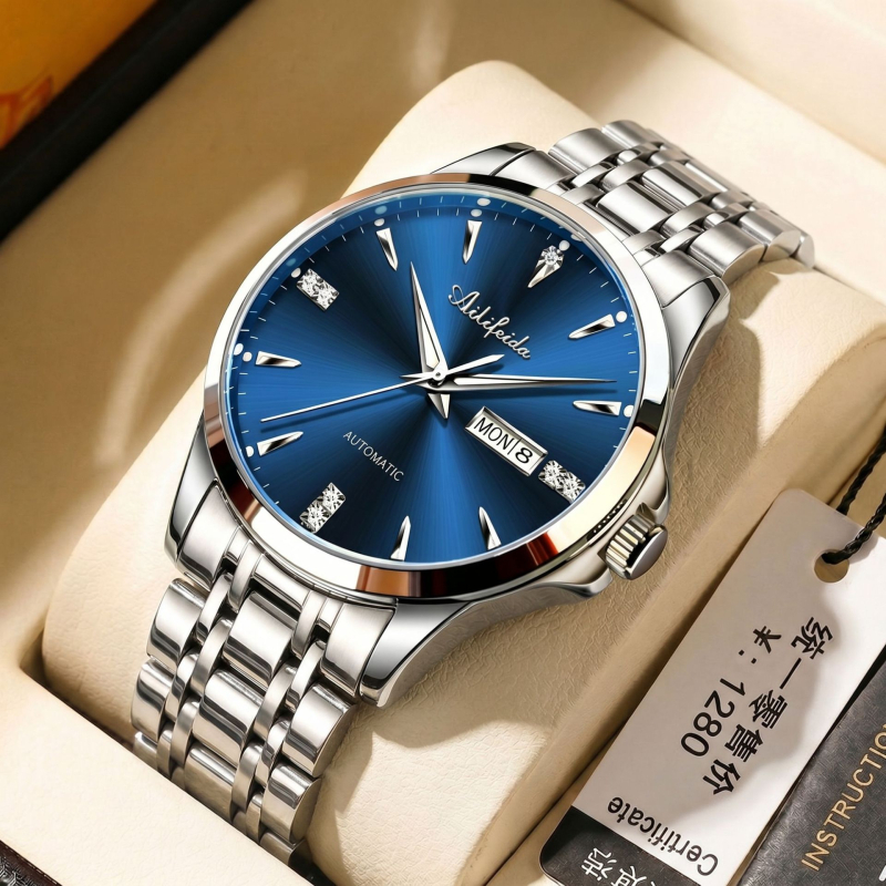Ανδρικό ρολόι quartz με διαφανή πίσω όψη, φωτιζόμενος καντράν, 42 mm, ατσάλινος σκελετός και μπρασελέ, ημερολόγιο, ημέρα, αδιάβροχο 30 m, επαγγελματικό στυλ
