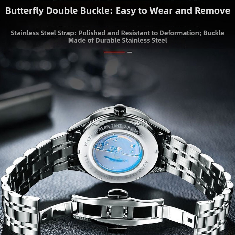 Pánske quartz hodinky so skeleton zadnou stranou, luminescencia, 42 mm, oceľové puzdro a remienok, kalendár, deň v týždni, vodotesnosť 30 m, obchodný štýl