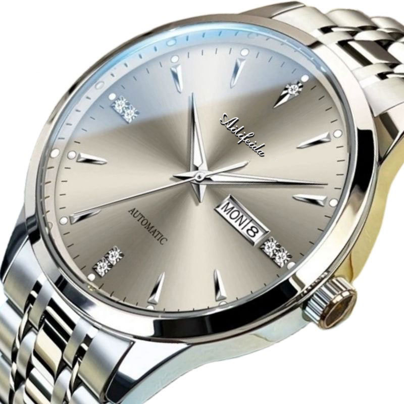 Ανδρικό ρολόι quartz με διαφανή πίσω όψη, φωτιζόμενος καντράν, 42 mm, ατσάλινος σκελετός και μπρασελέ, ημερολόγιο, ημέρα, αδιάβροχο 30 m, επαγγελματικό στυλ
