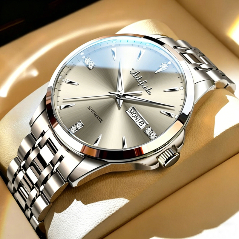 Ανδρικό ρολόι quartz με διαφανή πίσω όψη, φωτιζόμενος καντράν, 42 mm, ατσάλινος σκελετός και μπρασελέ, ημερολόγιο, ημέρα, αδιάβροχο 30 m, επαγγελματικό στυλ