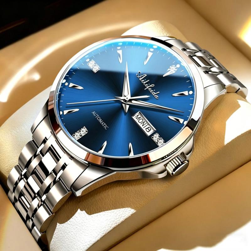 Ανδρικό ρολόι quartz με διαφανή πίσω όψη, φωτιζόμενος καντράν, 42 mm, ατσάλινος σκελετός και μπρασελέ, ημερολόγιο, ημέρα, αδιάβροχο 30 m, επαγγελματικό στυλ