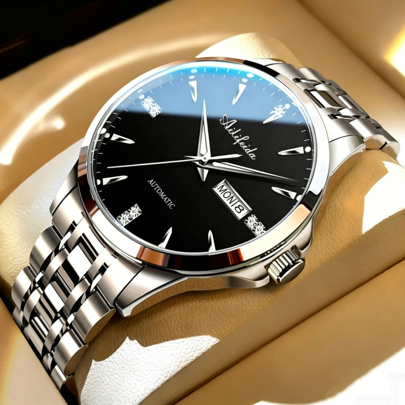 Ανδρικό ρολόι quartz με διαφανή πίσω όψη, φωτιζόμενος καντράν, 42 mm, ατσάλινος σκελετός και μπρασελέ, ημερολόγιο, ημέρα, αδιάβροχο 30 m, επαγγελματικό στυλ