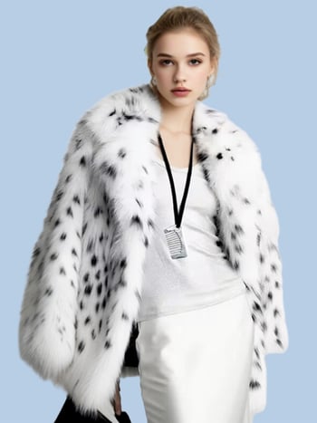Palton femei din blană artificială cu imprimeu leopard, lungime medie, guler din blană de vulpe artificială
