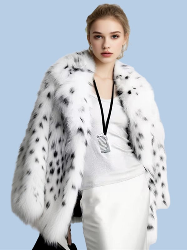 Palton femei din blană artificială cu imprimeu leopard, lungime medie, guler din blană de vulpe artificială