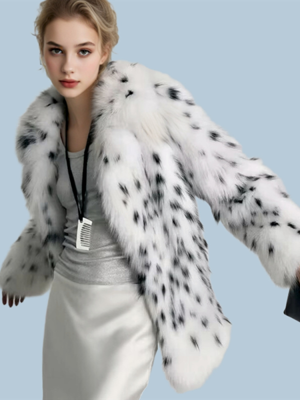 Palton femei din blană artificială cu imprimeu leopard, lungime medie, guler din blană de vulpe artificială