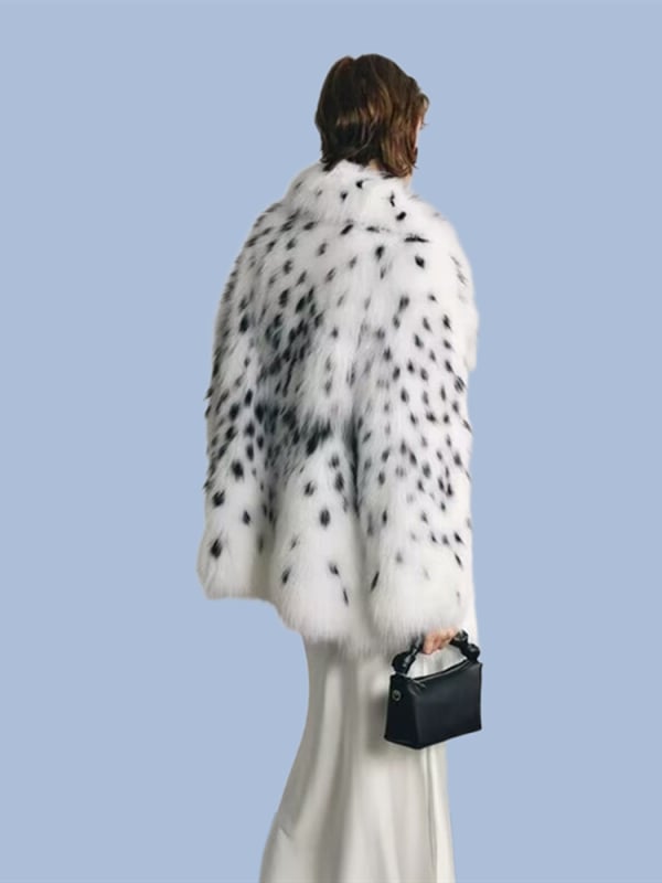 Palton femei din blană artificială cu imprimeu leopard, lungime medie, guler din blană de vulpe artificială