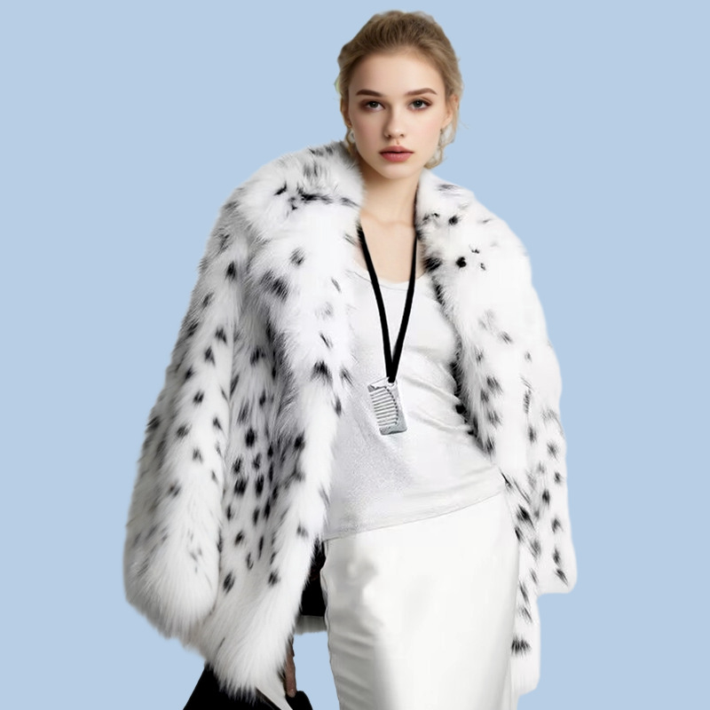 Palton femei din blană artificială cu imprimeu leopard, lungime medie, guler din blană de vulpe artificială
