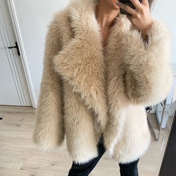 Kintoka palton din blană artificială de vulpe, pentru femei, lungime medie, guler lat elegant, croială lejeră, blană pufoasă