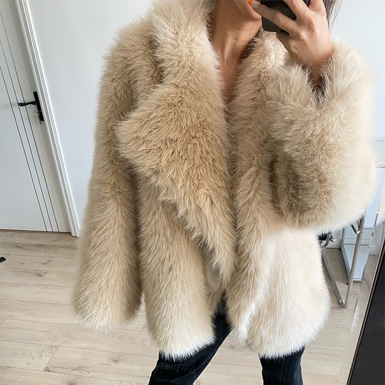 Kintoka palton din blană artificială de vulpe, pentru femei, lungime medie, guler lat elegant, croială lejeră, blană pufoasă