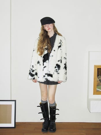 Palton damă Tigrado cu blană integrată, imprimeu Cow Print, palton de iarnă din blană artificială, guler din blană de vulpe