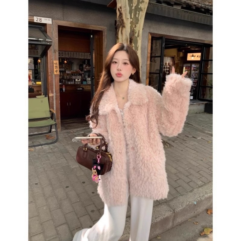 Palton din blană artificială cu guler din blană de miel, stil feminin în stil coreean, iarnă 2024