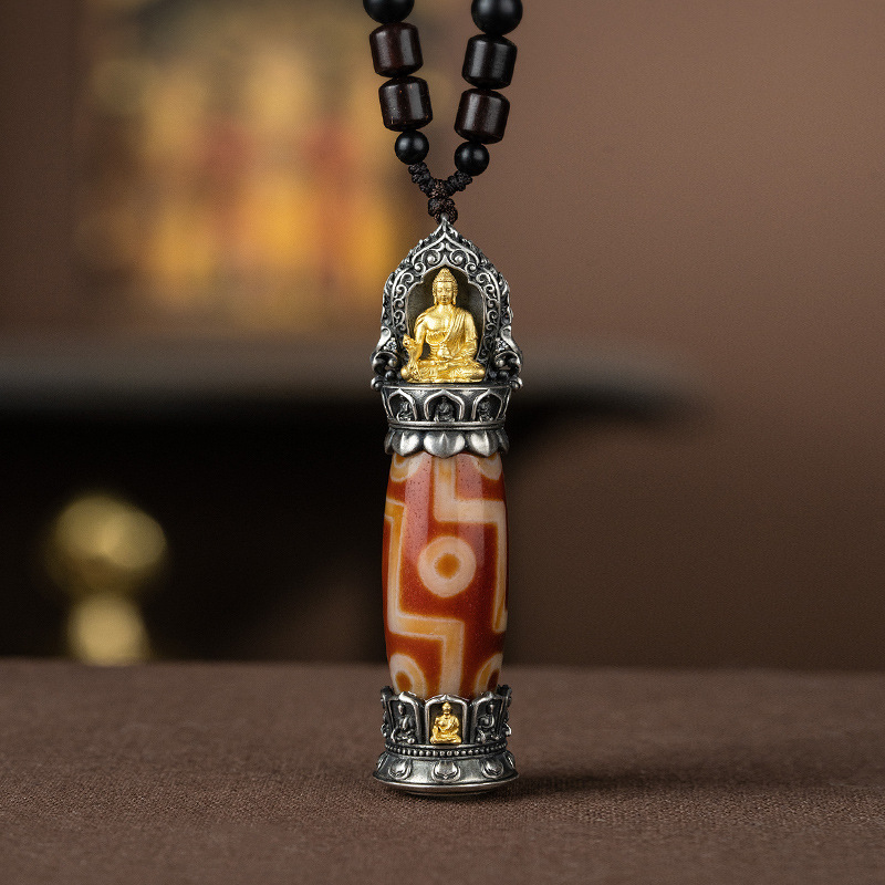 Náhrdelník s Dzi korálkou s deviatimi očami a tibetskou šesťznakovou mantrou, unisex