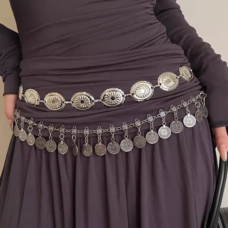 Dámska pásová retiazka v etno štýle, bohémsky kovový opasok na šaty alebo nohavice, elegantný a univerzálny.