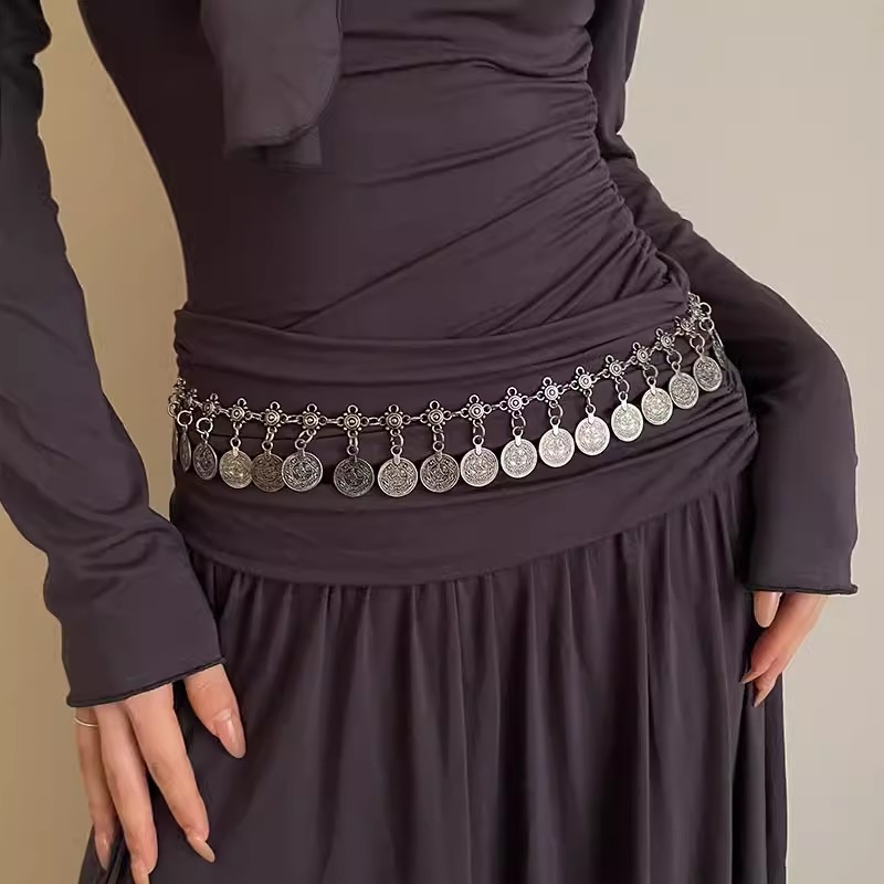 Dámska pásová retiazka v etno štýle, bohémsky kovový opasok na šaty alebo nohavice, elegantný a univerzálny.