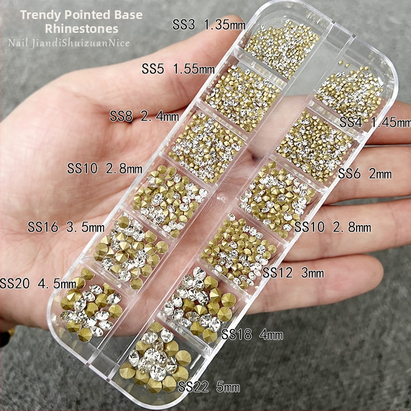 Kónické rhinestones na nechty, krabička s 12 priehradkami, ultra lesklé sklenené kamienky, AB duhové farby, jasná biela, na nechty a DIY šperky
