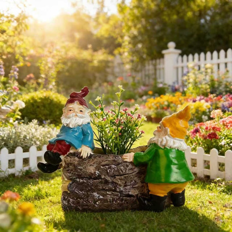 Dve trpaslíky s rastlinami v kvetináči, miniatúrna krajinka z živice – dekorácie pre rastliny