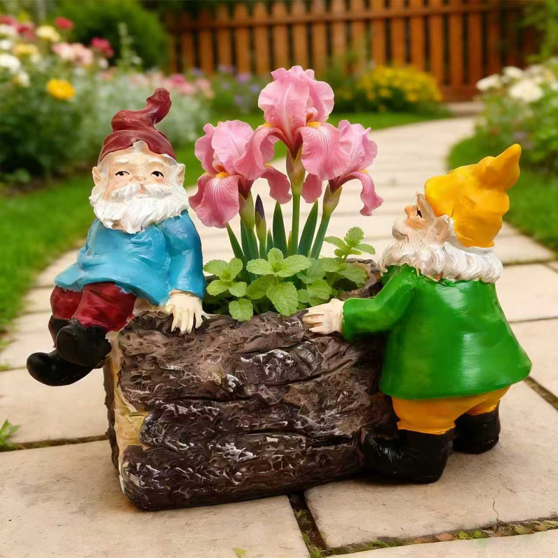Dve trpaslíky s rastlinami v kvetináči, miniatúrna krajinka z živice – dekorácie pre rastliny