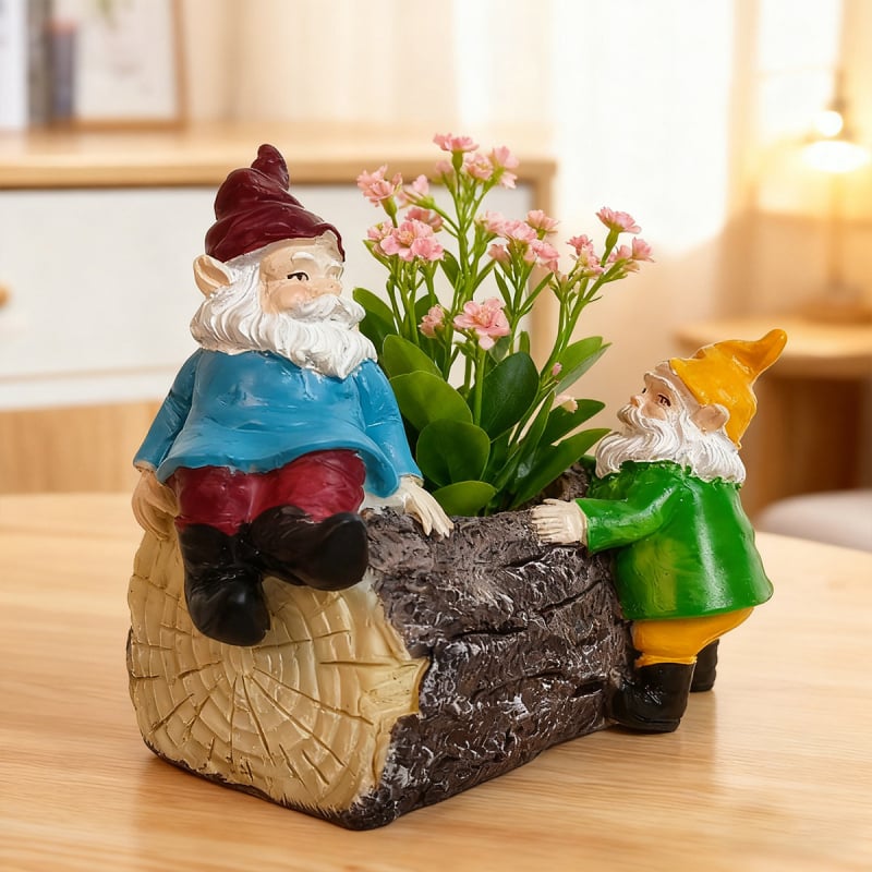 Dve trpaslíky s rastlinami v kvetináči, miniatúrna krajinka z živice – dekorácie pre rastliny