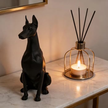 Čierna figúrka Dobermana na dekoráciu do obývačky, študovne a kancelárie — vinárska skriňa, vstupná hala, na stolík, darček
