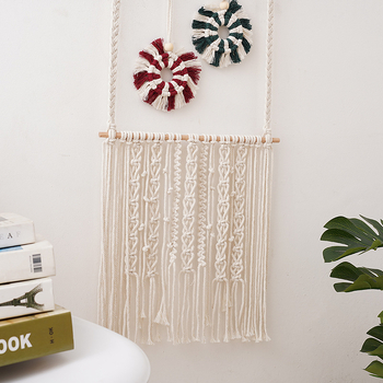 Μποέμικη DIY χειροποίητη πλεκτή ταπετσαρία από βαμβακερό σκοινί με φούντες, διακοσμητικό τοίχου για αποθήκευση αξεσουάρ μαλλιών