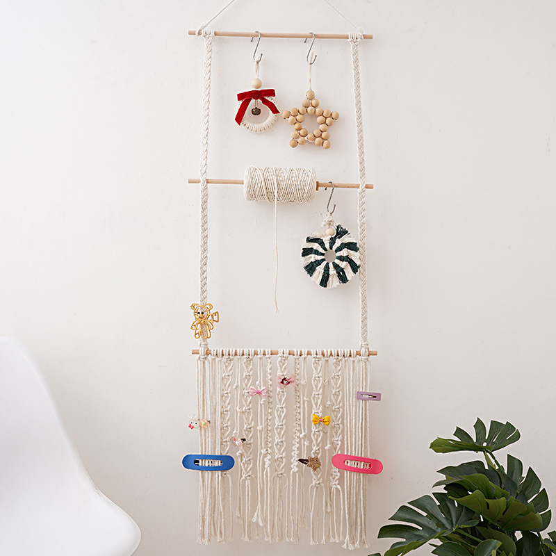 Μποέμικη DIY χειροποίητη πλεκτή ταπετσαρία από βαμβακερό σκοινί με φούντες, διακοσμητικό τοίχου για αποθήκευση αξεσουάρ μαλλιών