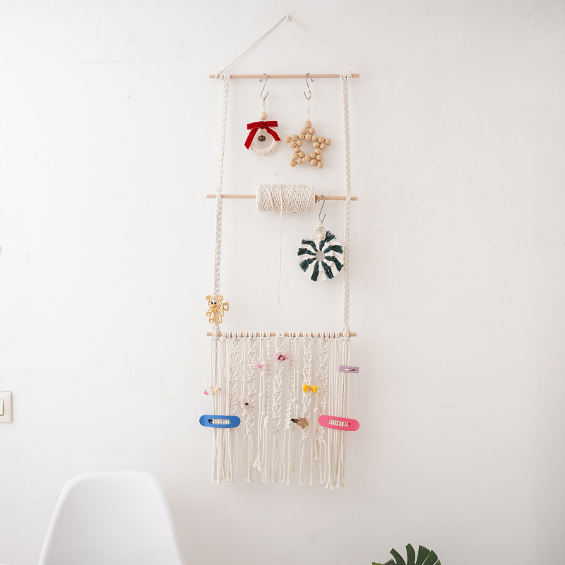 Μποέμικη DIY χειροποίητη πλεκτή ταπετσαρία από βαμβακερό σκοινί με φούντες, διακοσμητικό τοίχου για αποθήκευση αξεσουάρ μαλλιών