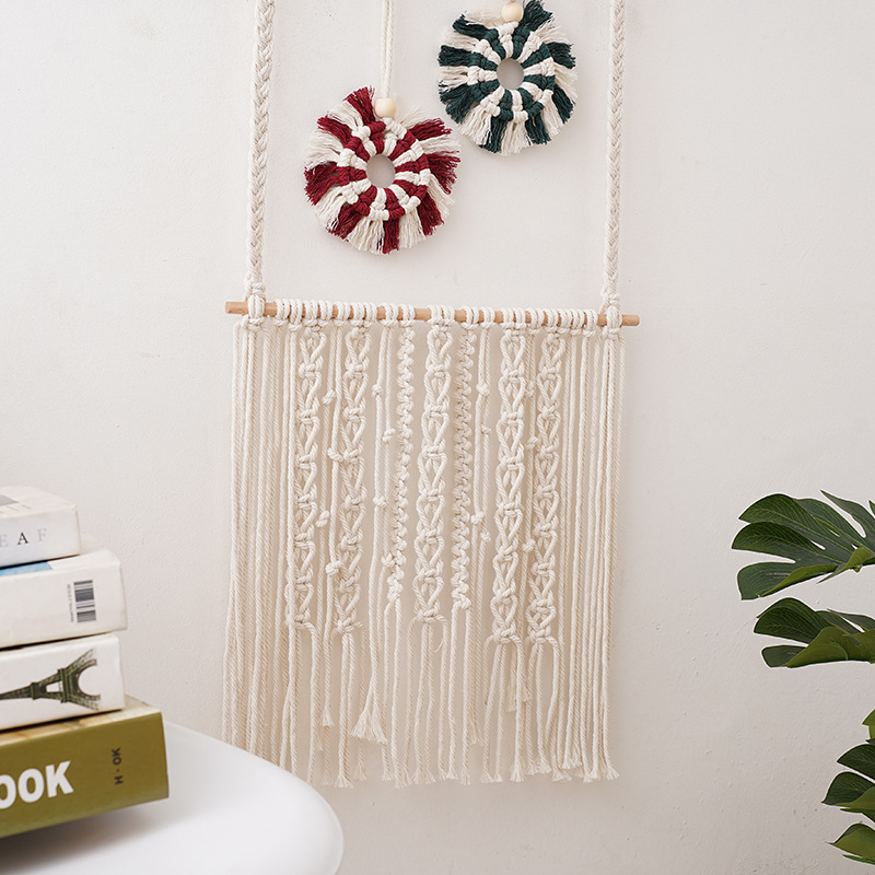 Μποέμικη DIY χειροποίητη πλεκτή ταπετσαρία από βαμβακερό σκοινί με φούντες, διακοσμητικό τοίχου για αποθήκευση αξεσουάρ μαλλιών