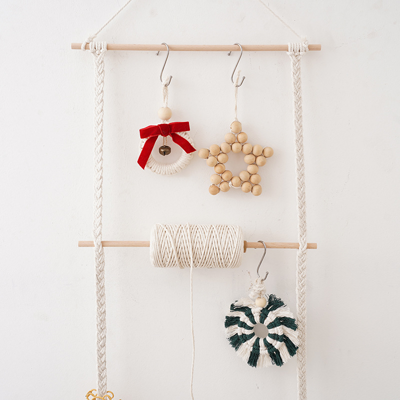 Μποέμικη DIY χειροποίητη πλεκτή ταπετσαρία από βαμβακερό σκοινί με φούντες, διακοσμητικό τοίχου για αποθήκευση αξεσουάρ μαλλιών