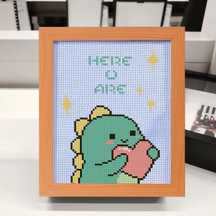 Kit de broderie cu cruce pentru începători: dinozaur mic, desen animat, pânză de in 11CT, DIY pentru camera copiilor