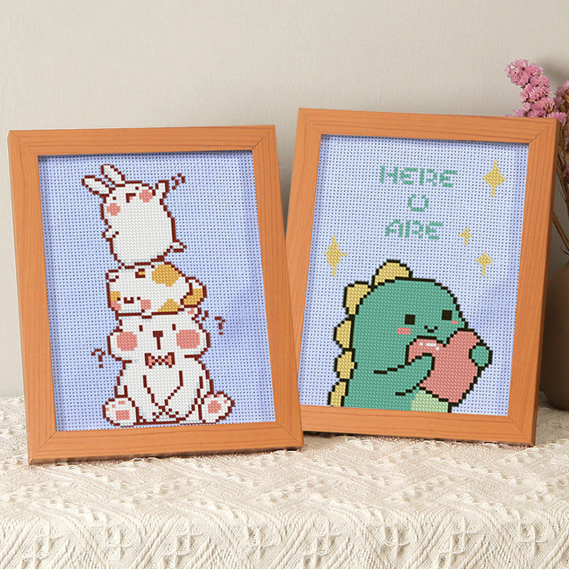 Kit de broderie cu cruce pentru începători: dinozaur mic, desen animat, pânză de in 11CT, DIY pentru camera copiilor