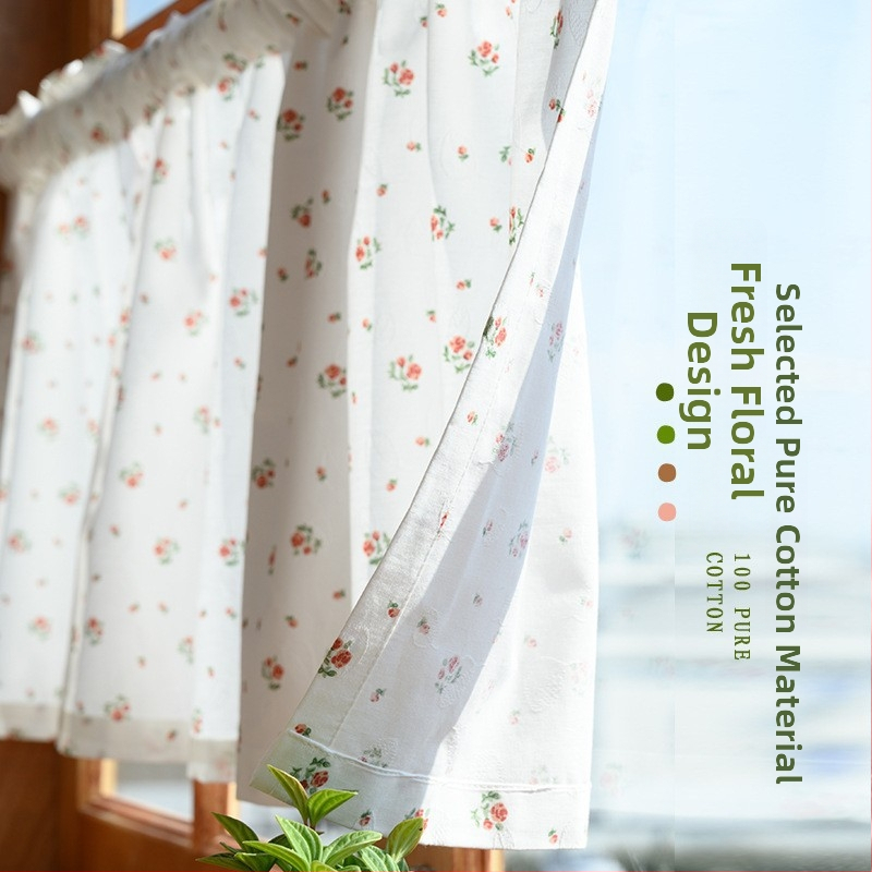 Francúzsky štýlový dverový záves do kuchyne a kúpeľne, krátka dĺžka, polozáves na skrinky, bavlnený jacquard s malým kvetinovým vzorom.